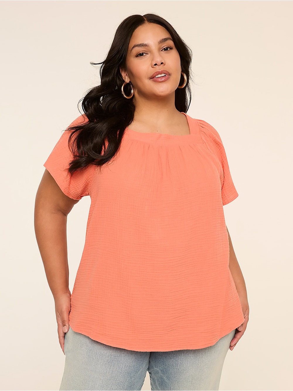 Lane Bryant Flutter-Sleeve Square-Neck Gauze Top Bright Peach
